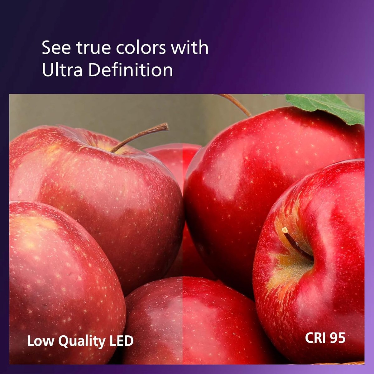 Comparativa de color: manzanas iluminadas con un LED de baja calidad frente a la luz CRI 95 de Philips Ultra Definition