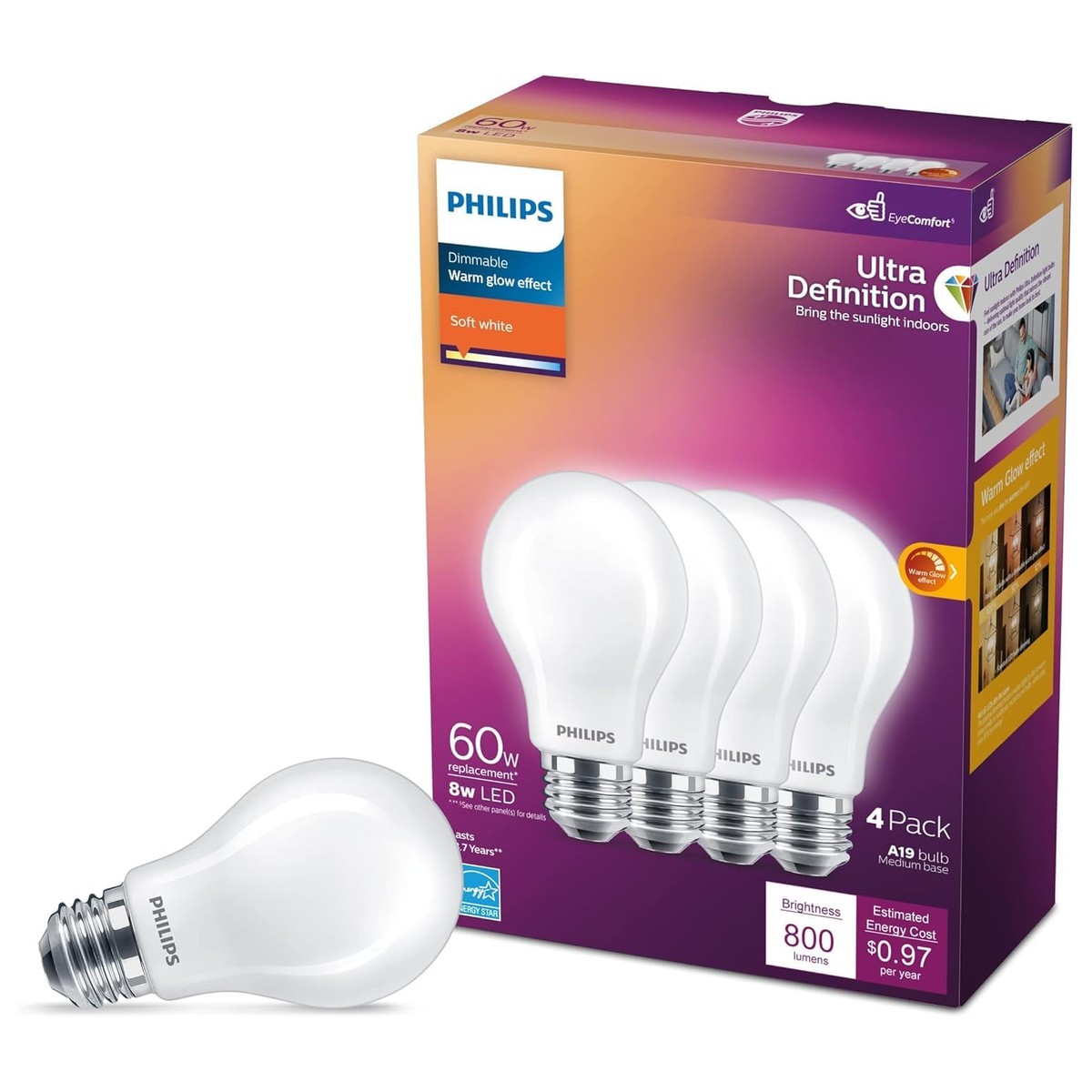 Pack Hogar de 4 bombillas LED Philips Ultra Definition A19 en su caja original